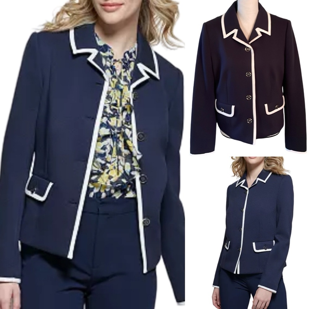 Tommy Hilfiger Navy Blue Blazer wi White Contrast Trim Size 10